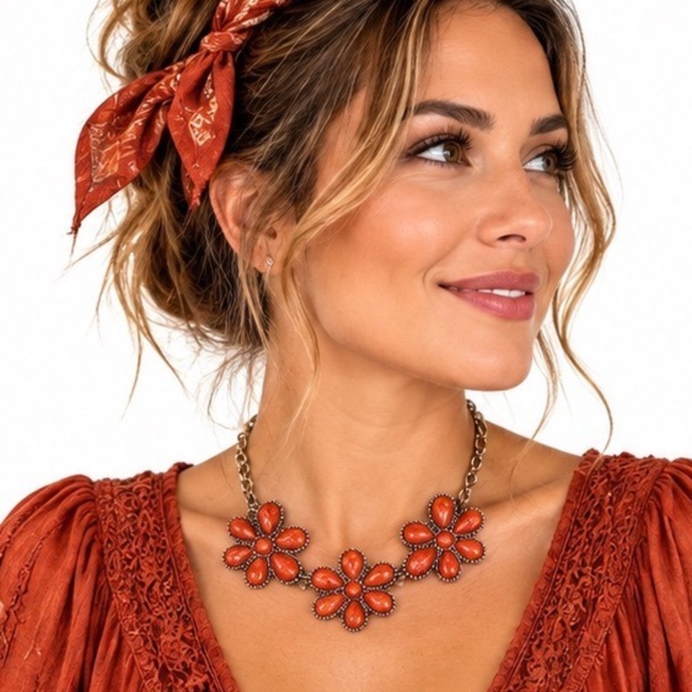Marbled Floral Statement Necklace Antiqued Brass Tone Adjustable Chain